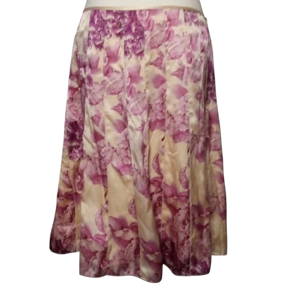 Ann Taylor Peach & Pink Rose Floral 100% Silk A‎ line Full Midi Skirt Size 10